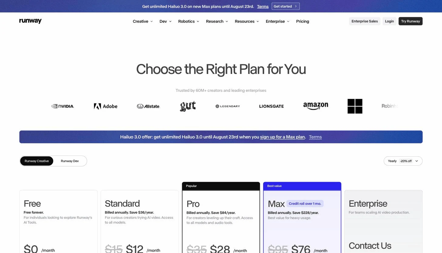 AI Video Generator Pricing with Runway