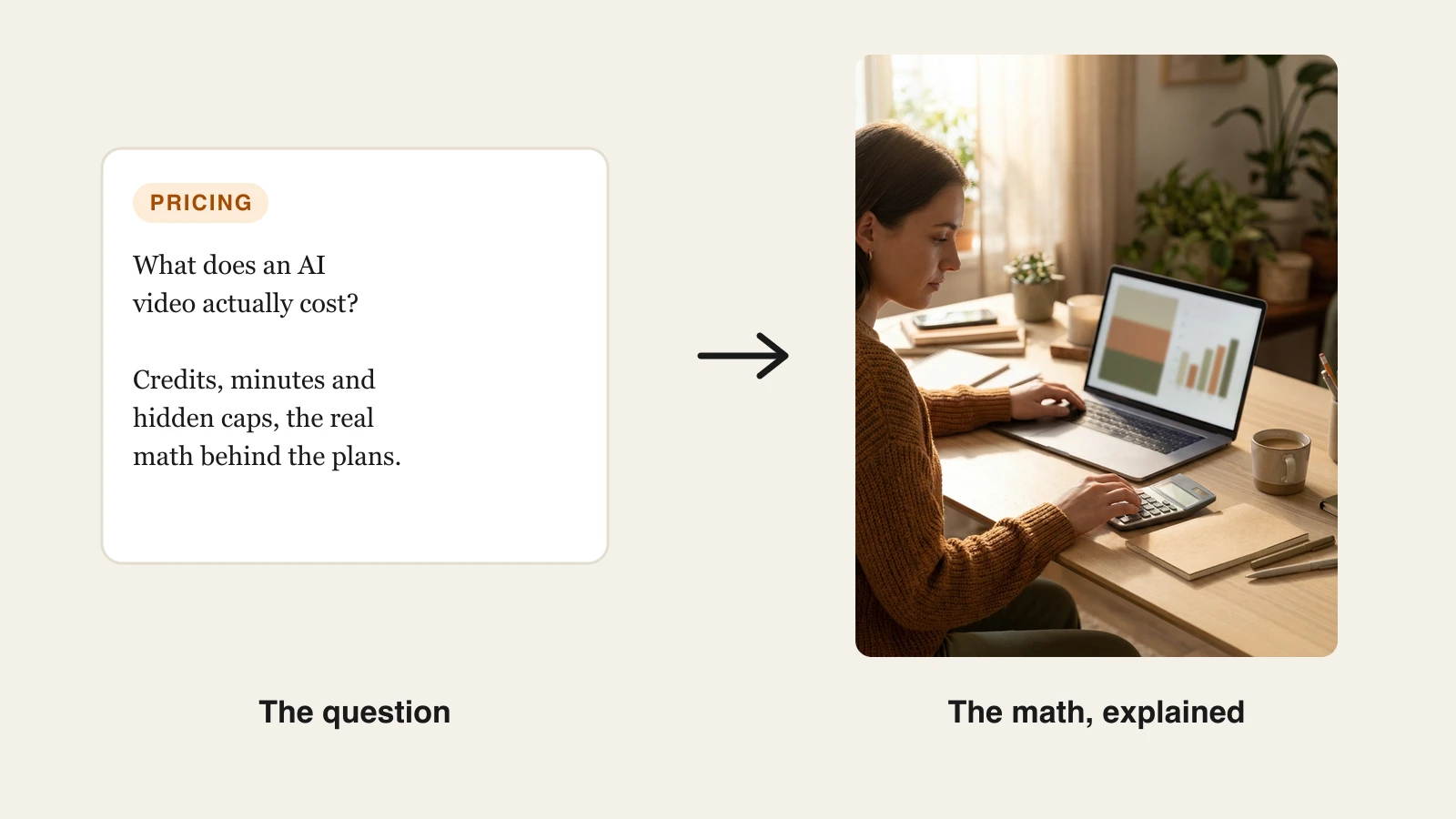A card asking what an AI video actually costs next to an illustration of a creator reviewing a budget on a laptop at a desk