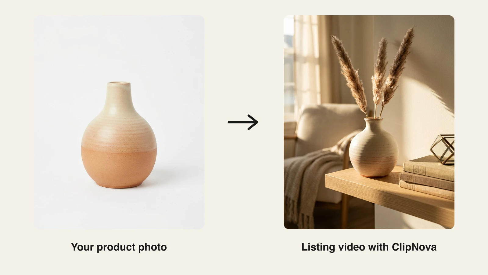 A flat product photo of a handmade ceramic vase next to the warm lifestyle listing video frame ClipNova generated from it, the vase styled on an oak shelf with dried pampas grass