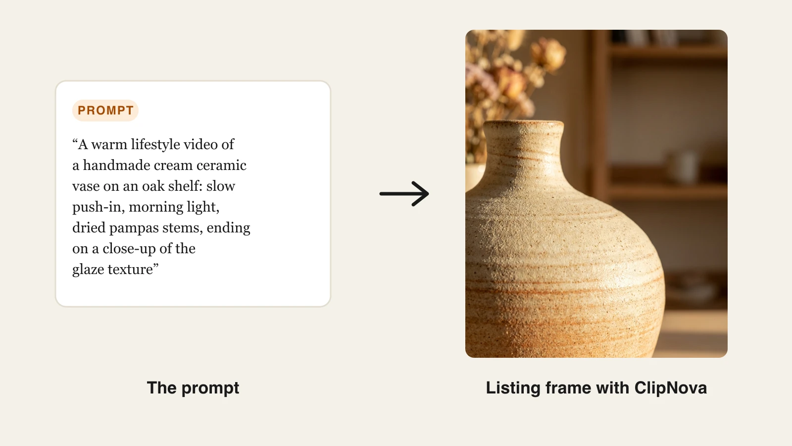 The example prompt about a handmade ceramic vase next to the close-up listing video frame ClipNova generated from it