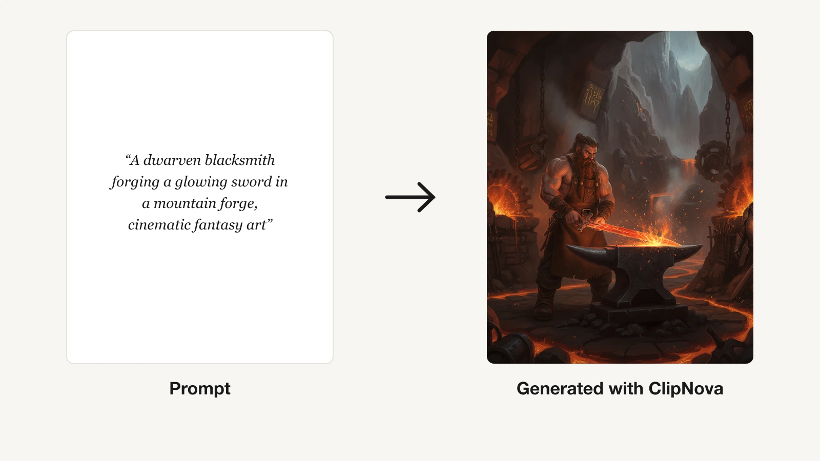A fantasy prompt next to the dwarven blacksmith character generated with ClipNova