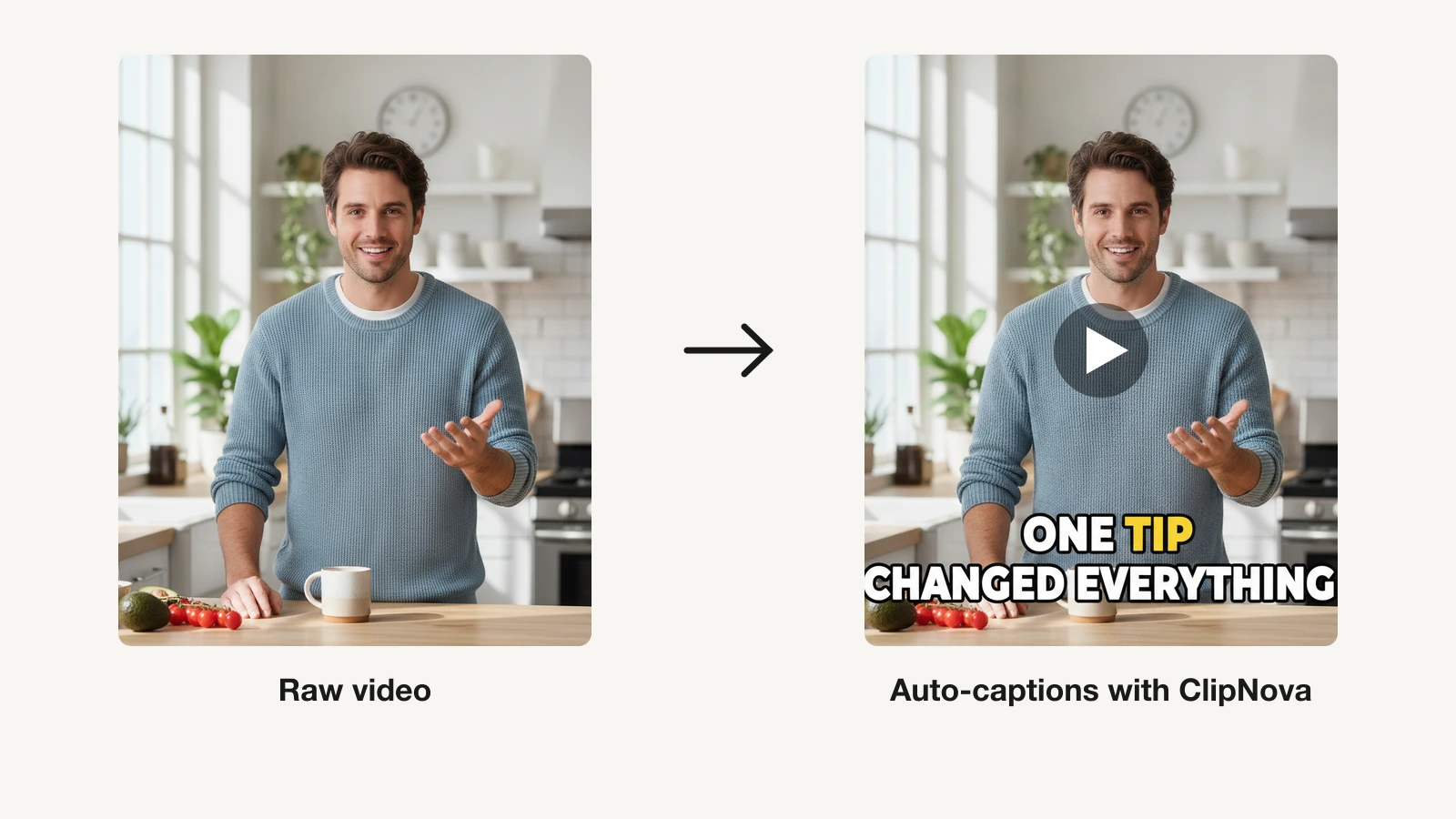 A raw video frame next to the same frame with bold auto-captions burned in by ClipNova