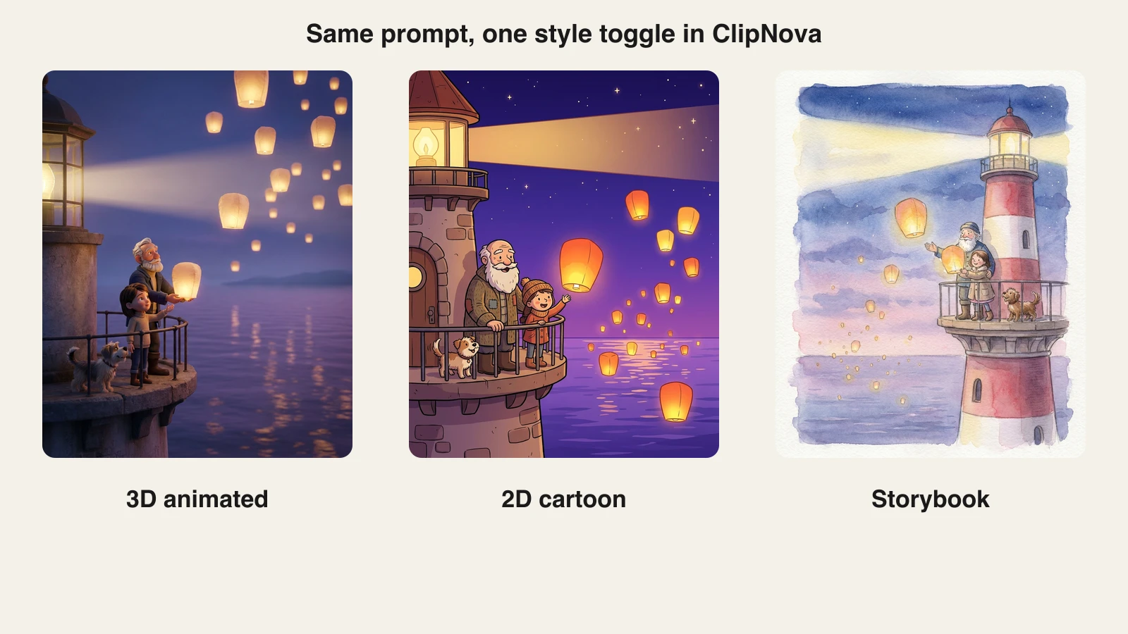 The same lighthouse lantern prompt rendered by ClipNova in 3D animated, 2D cartoon, and storybook watercolor styles