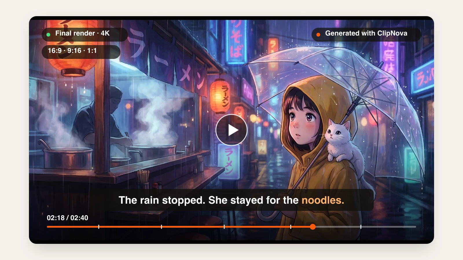 A finished cartoon video generated with ClipNova playing in a video player β an anime girl in a yellow raincoat and her white cat at a rainy neon ramen stand, with a burned-in caption line and a progress bar