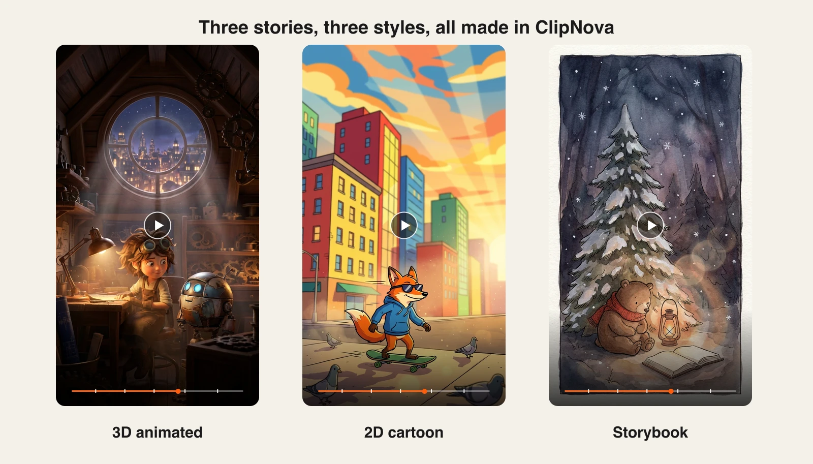 Three vertical cartoon videos made in ClipNova: a 3D animated girl inventor with her robot, a 2D cartoon fox skateboarding through a city, and a storybook watercolor bear reading by lantern light in a snowy forest