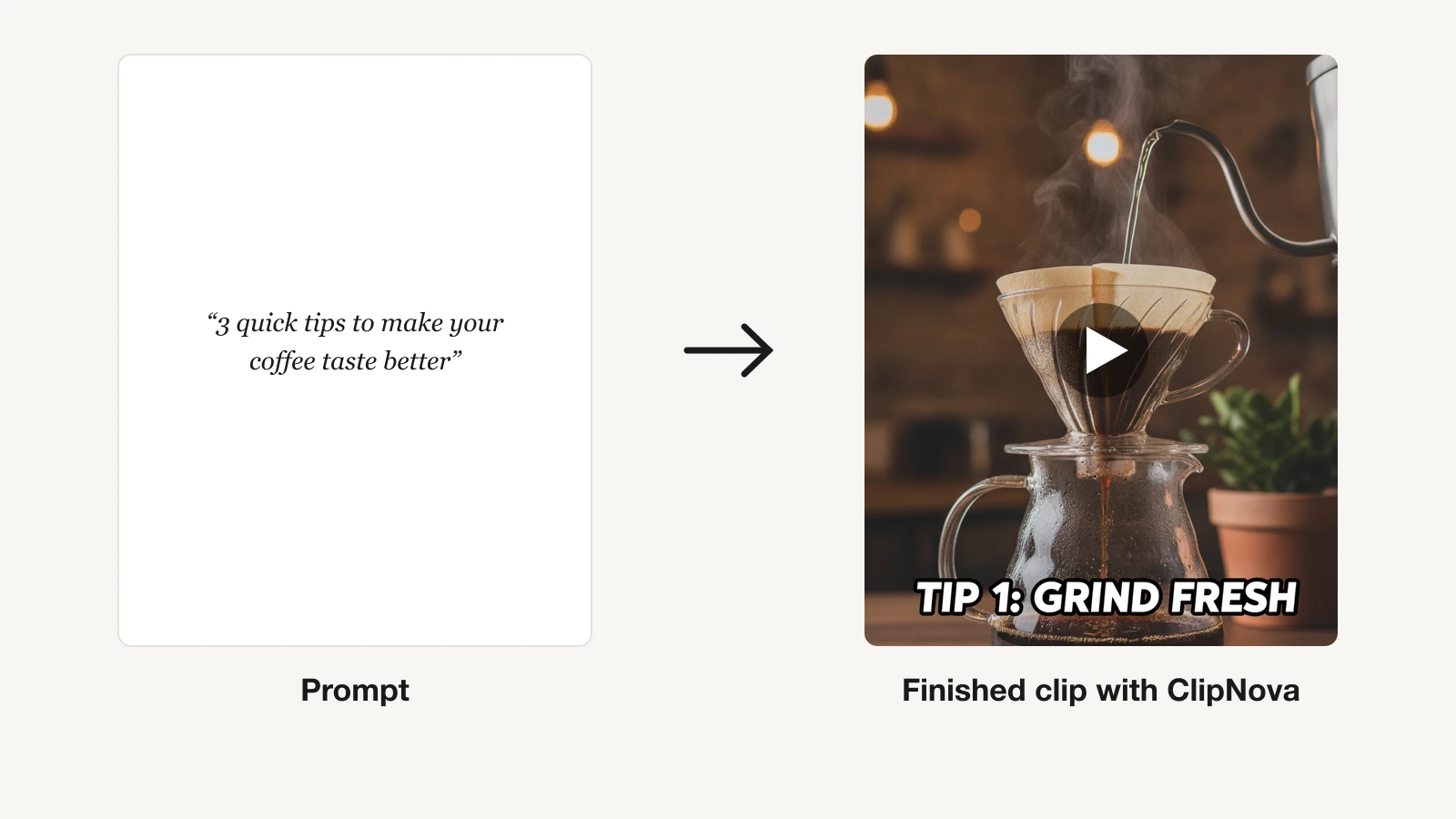 A text prompt next to the finished captioned vertical clip generated with ClipNova
