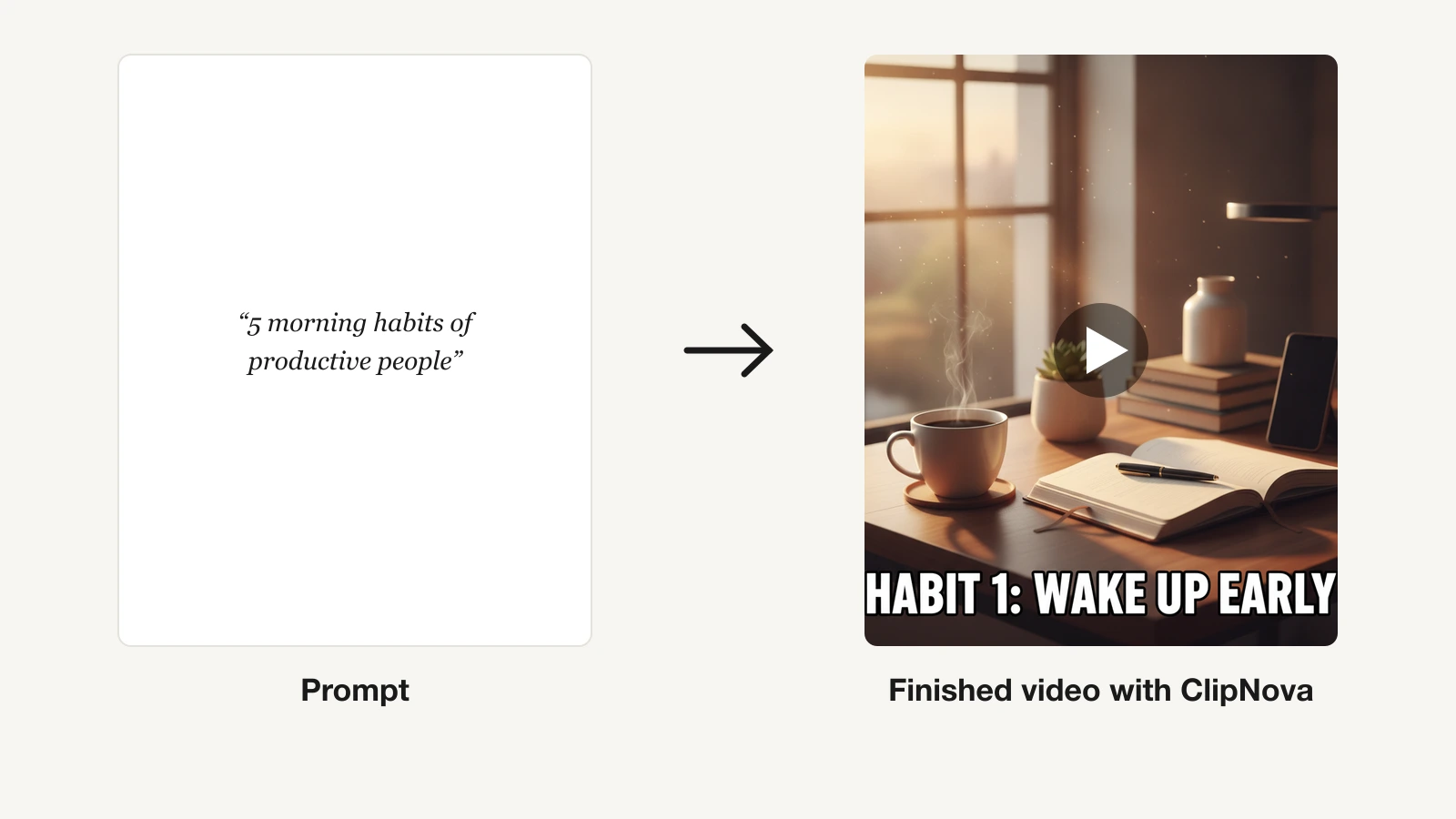 A short-form video prompt on the left and the finished vertical video ClipNova generated from it on the right