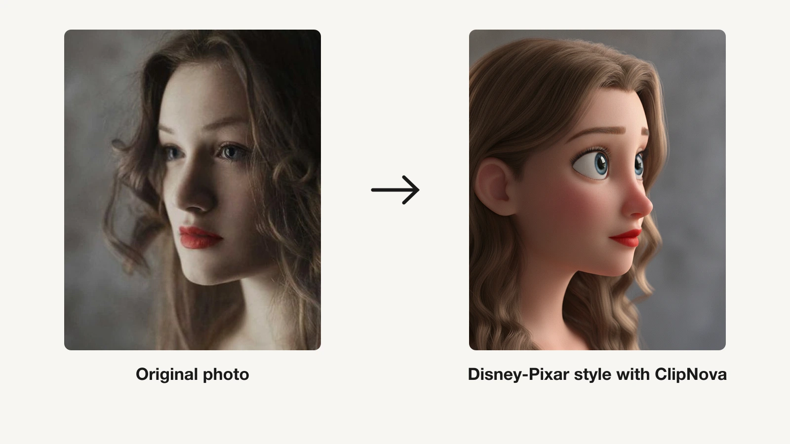 A real portrait photo next to the Disney-Pixar style 3D character ClipNova created from it