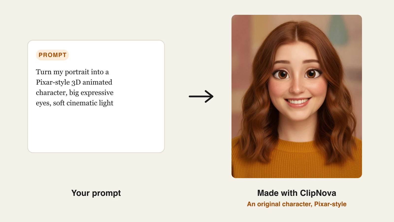 A ClipNova prompt to turn a portrait into a Pixar-style 3D character, next to the original animated character ClipNova generated from it