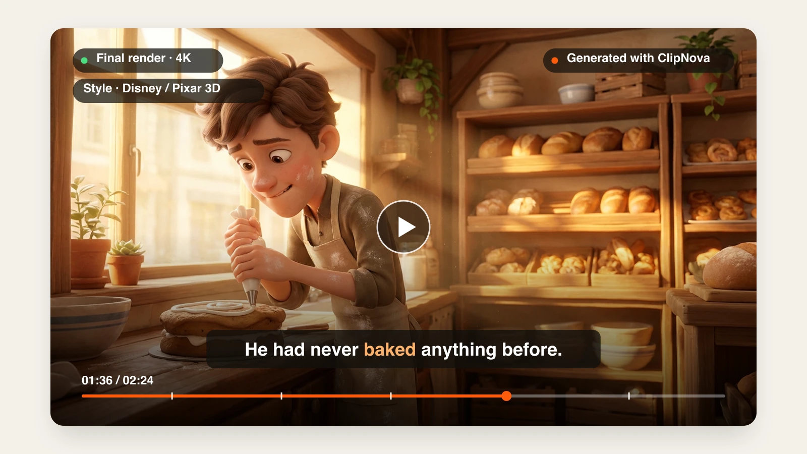 A finished Pixar-style video generated with ClipNova playing in a video player β a shy young baker piping icing onto a cake in a warm bakery at dawn, with a burned-in caption line and a progress bar