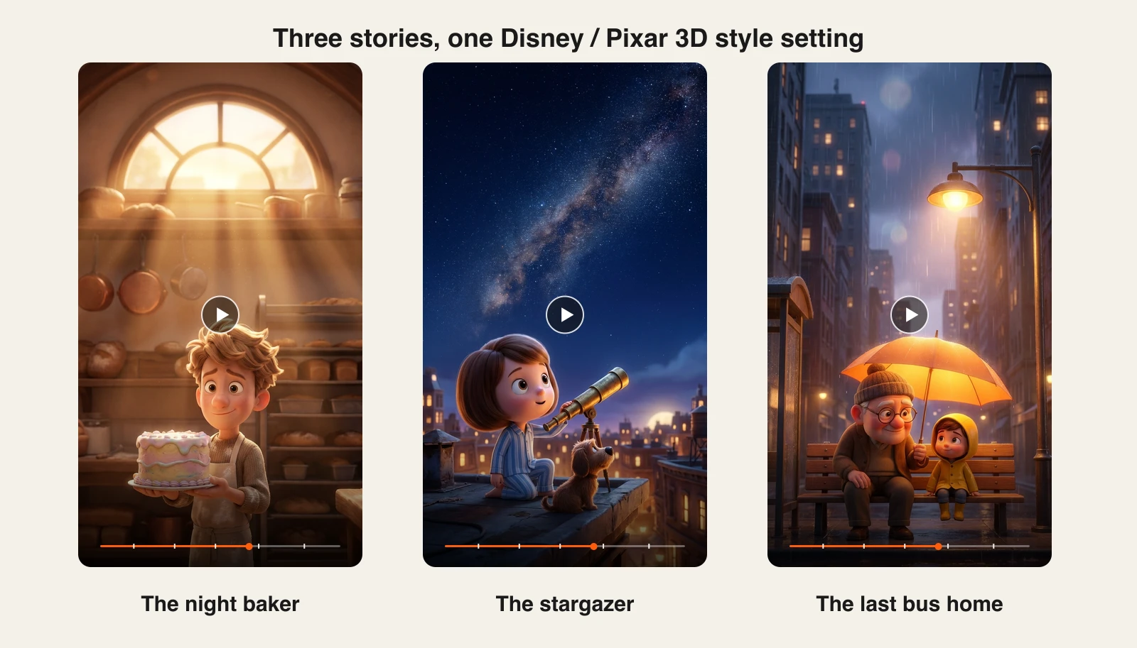 Three vertical Pixar-style videos made in ClipNova: a shy young baker icing a cake, a girl and her dog stargazing on a rooftop, and an elderly man sharing his umbrella with a boy at a rainy bus stop