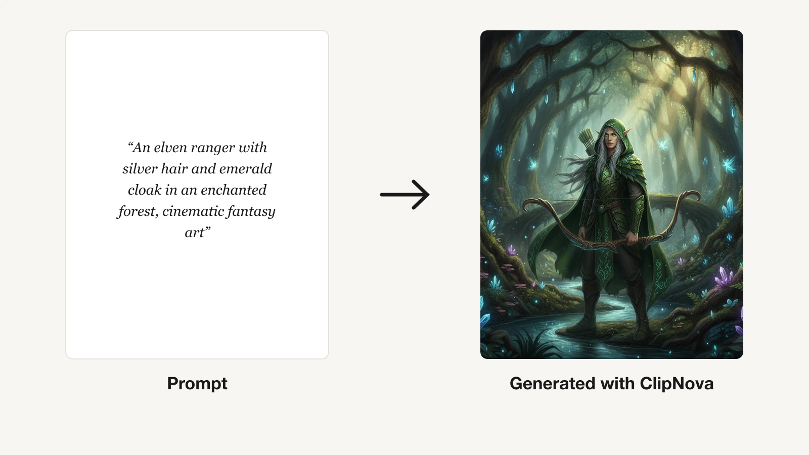 A fantasy prompt next to the detailed elven ranger character ClipNova generated from it