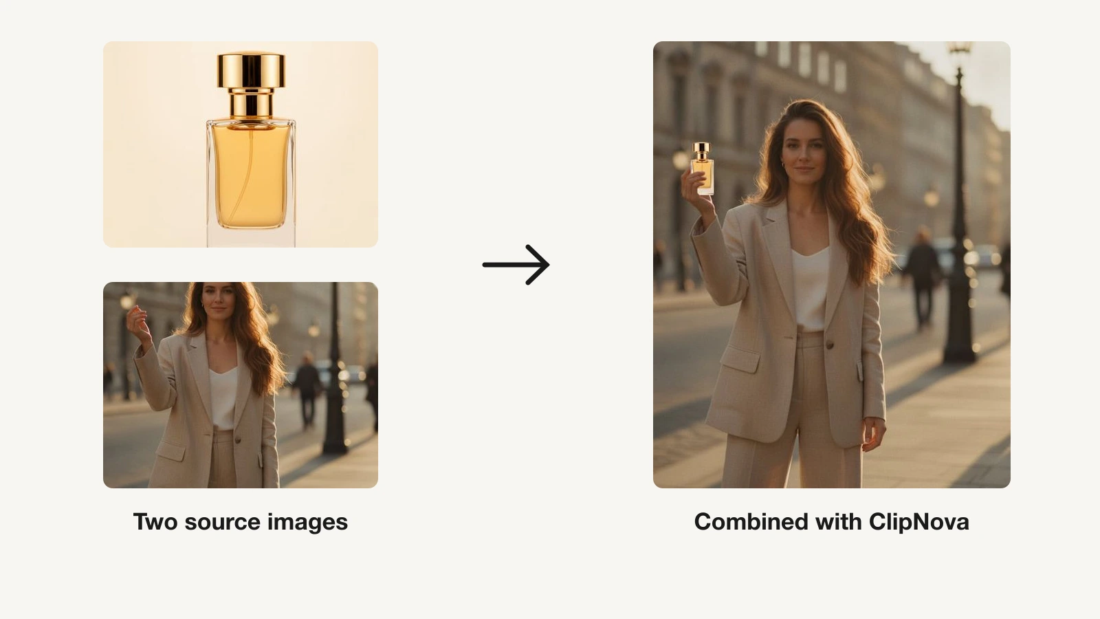 Two source images, a perfume bottle and a street portrait, combined into one campaign shot with ClipNova