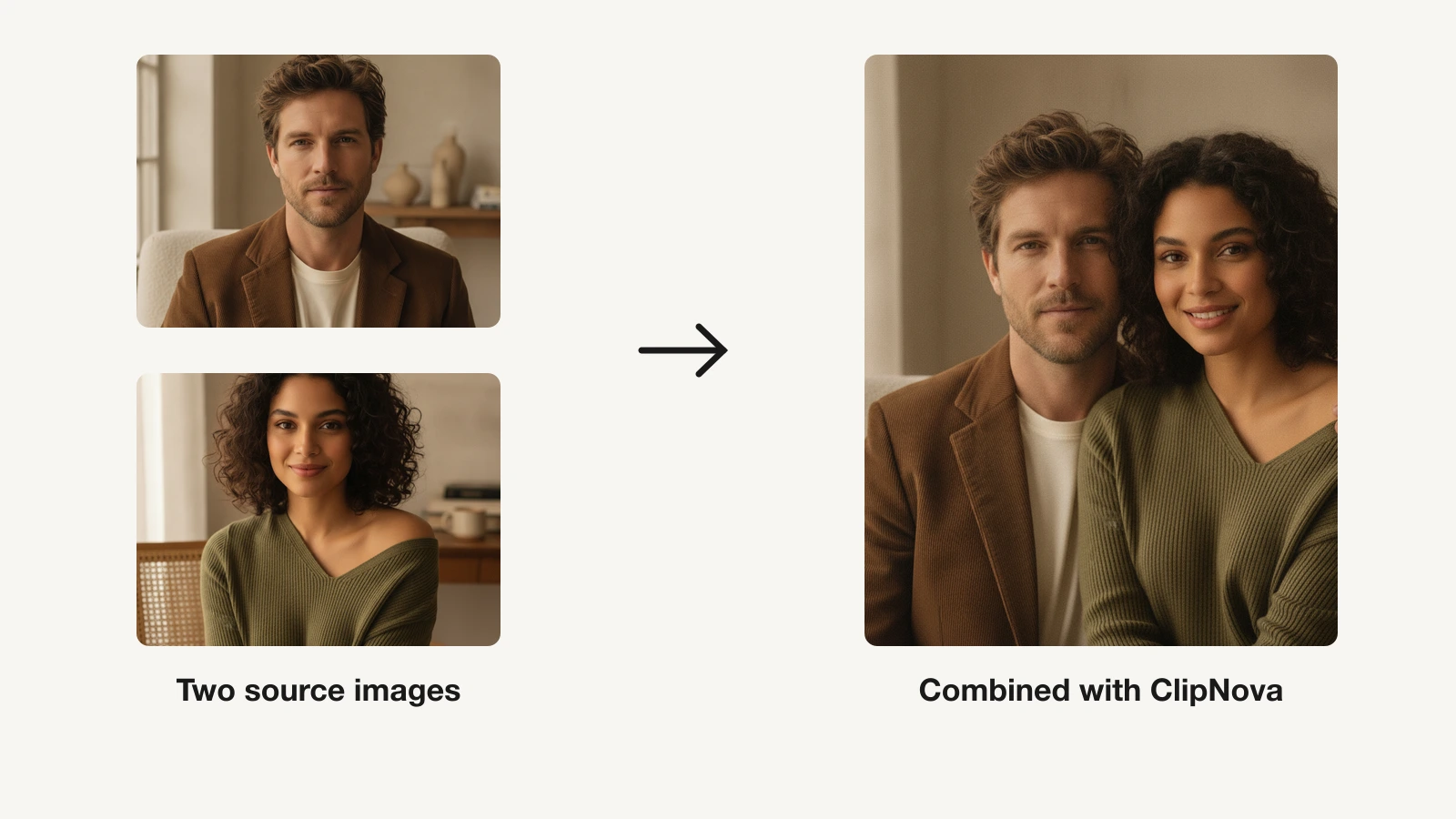 Portraits of a man and a woman combined into one couple photo with ClipNova