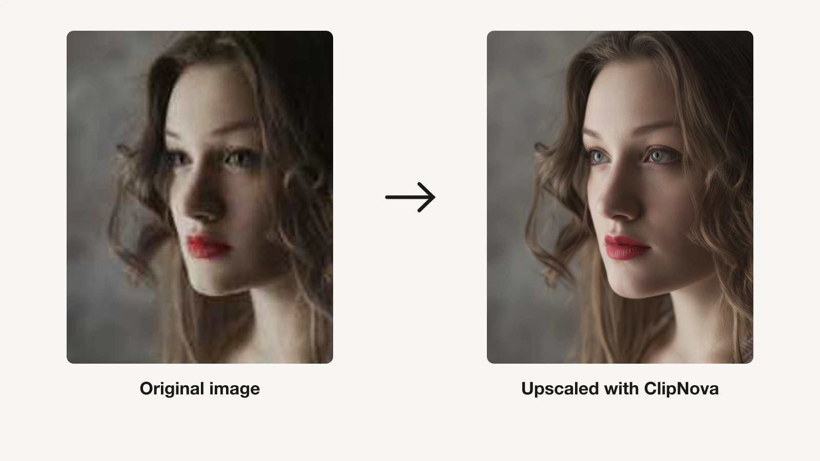 Original low-resolution portrait next to the same photo upscaled with ClipNova, showing much sharper detail