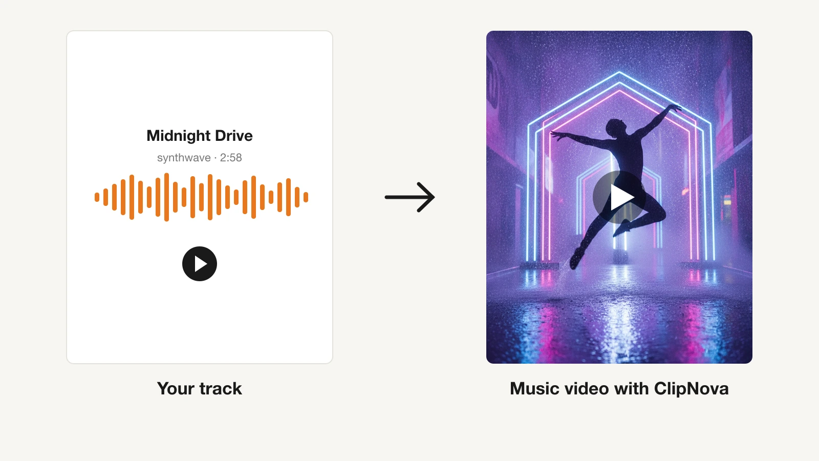 An audio track card next to the neon music video frame ClipNova generated from it