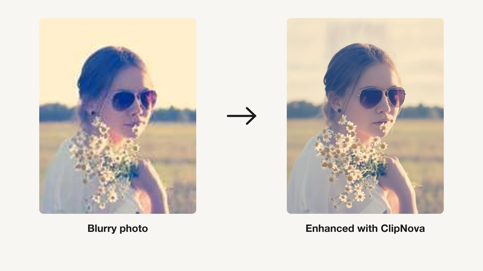 A blurry low-resolution portrait next to the same photo enhanced to sharp detail with ClipNova