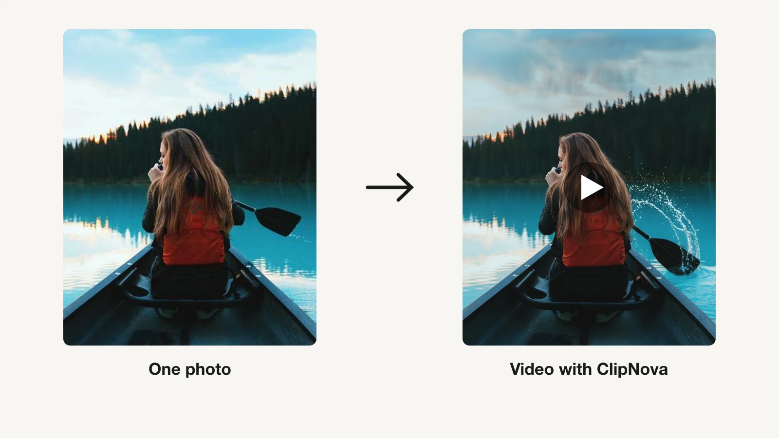 A photo of a woman canoeing next to the animated paddling video frame ClipNova created from it