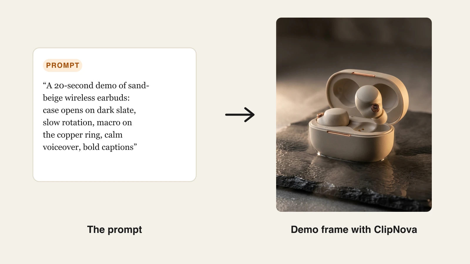 The demo prompt next to the finished earbuds frame ClipNova generated
