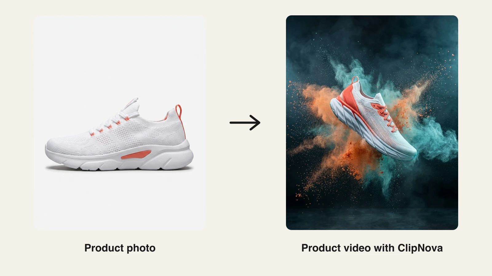 A clean sneaker product photo next to the dynamic ad frame ClipNova generated from it, the same sneaker bursting through colored powder