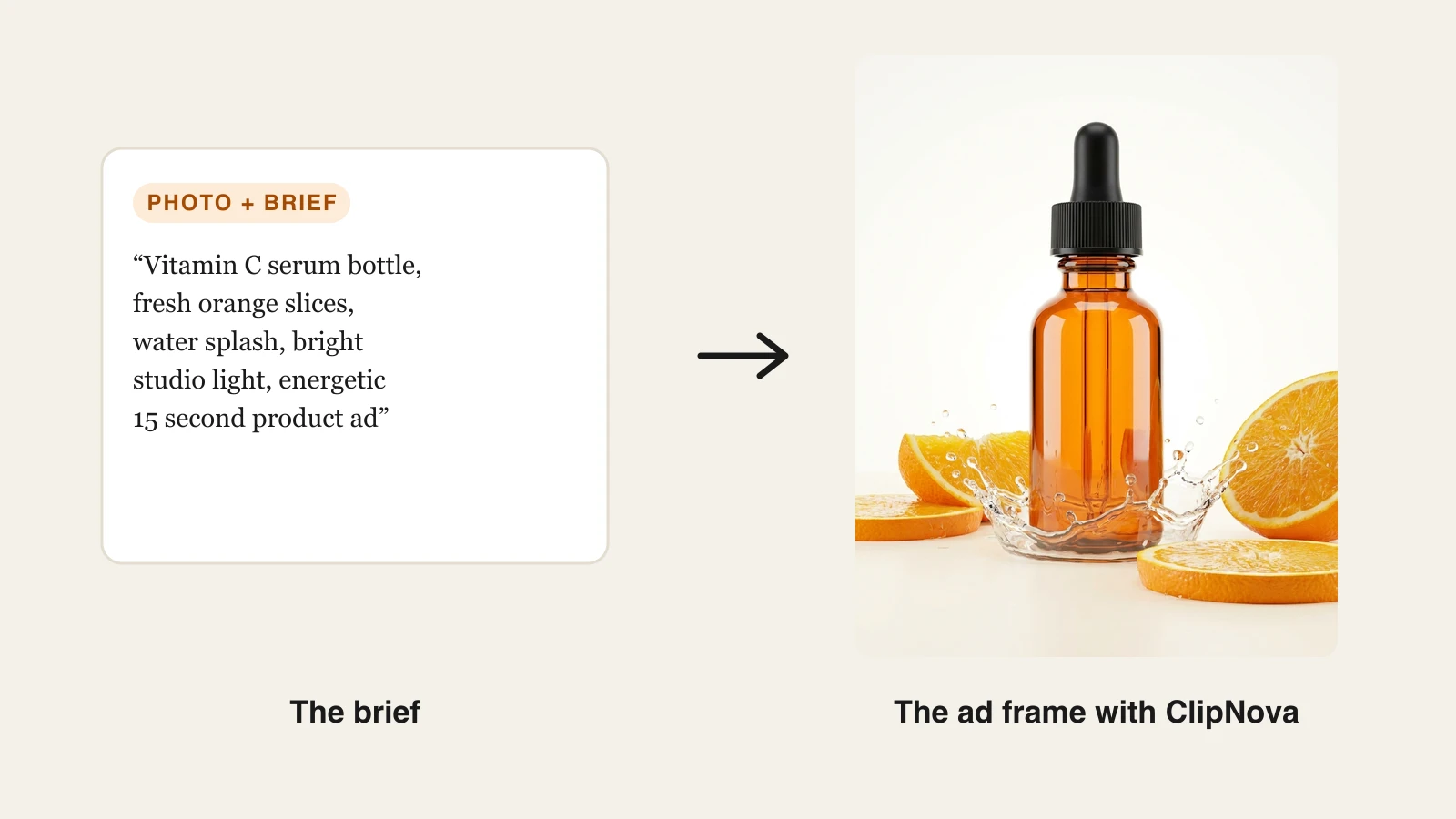 A product photo brief for a vitamin C serum next to the studio ad frame ClipNova generated from it