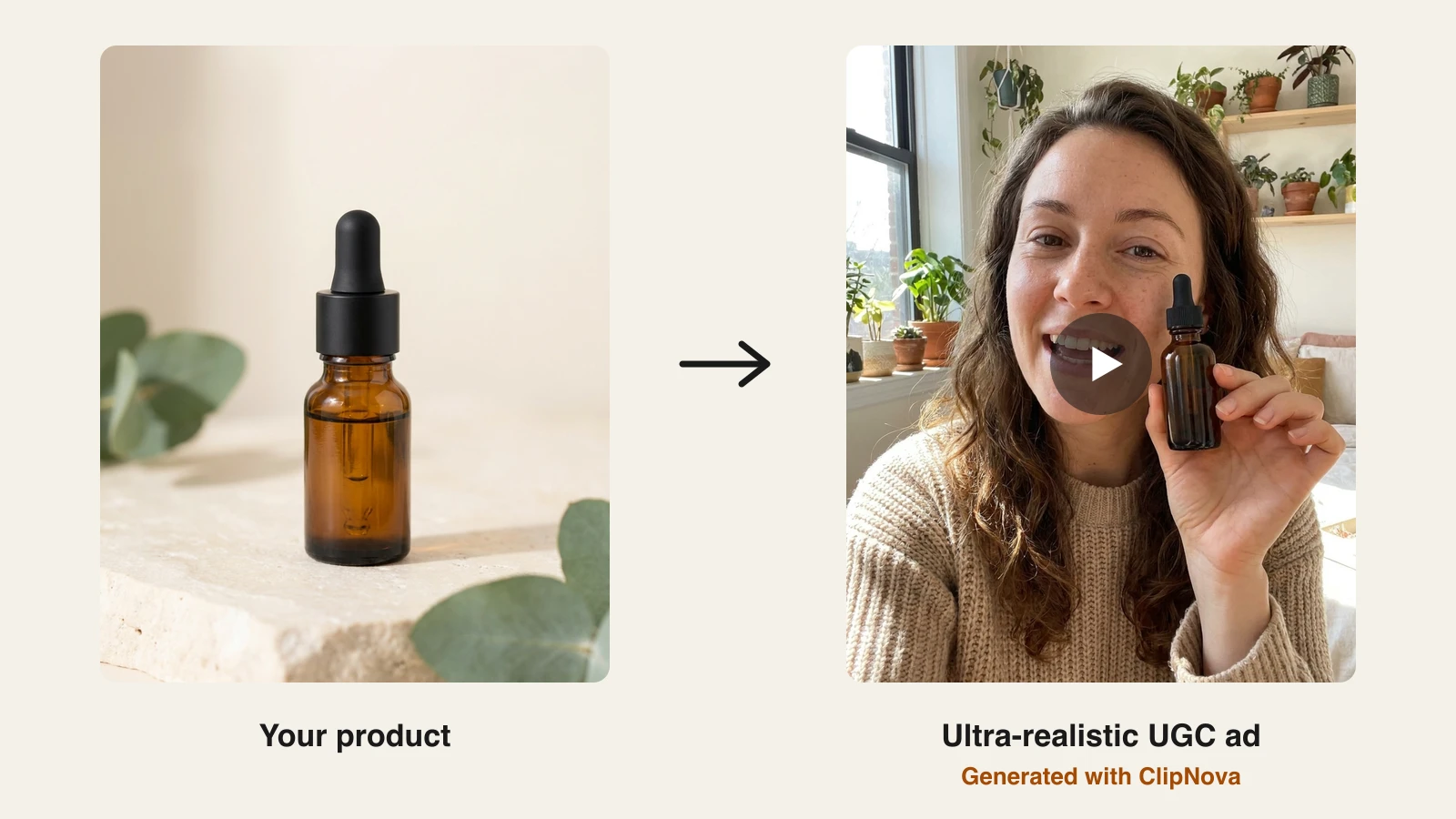 A product brief card for a vitamin C serum next to the UGC-style ad frame ClipNova generated from it, an AI creator holding the serum and talking to camera