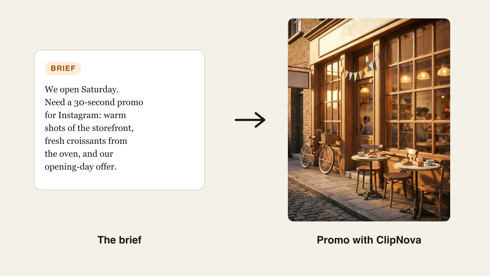 A written brief for a bakery grand-opening promo next to the finished storefront promo frame ClipNova generated from it