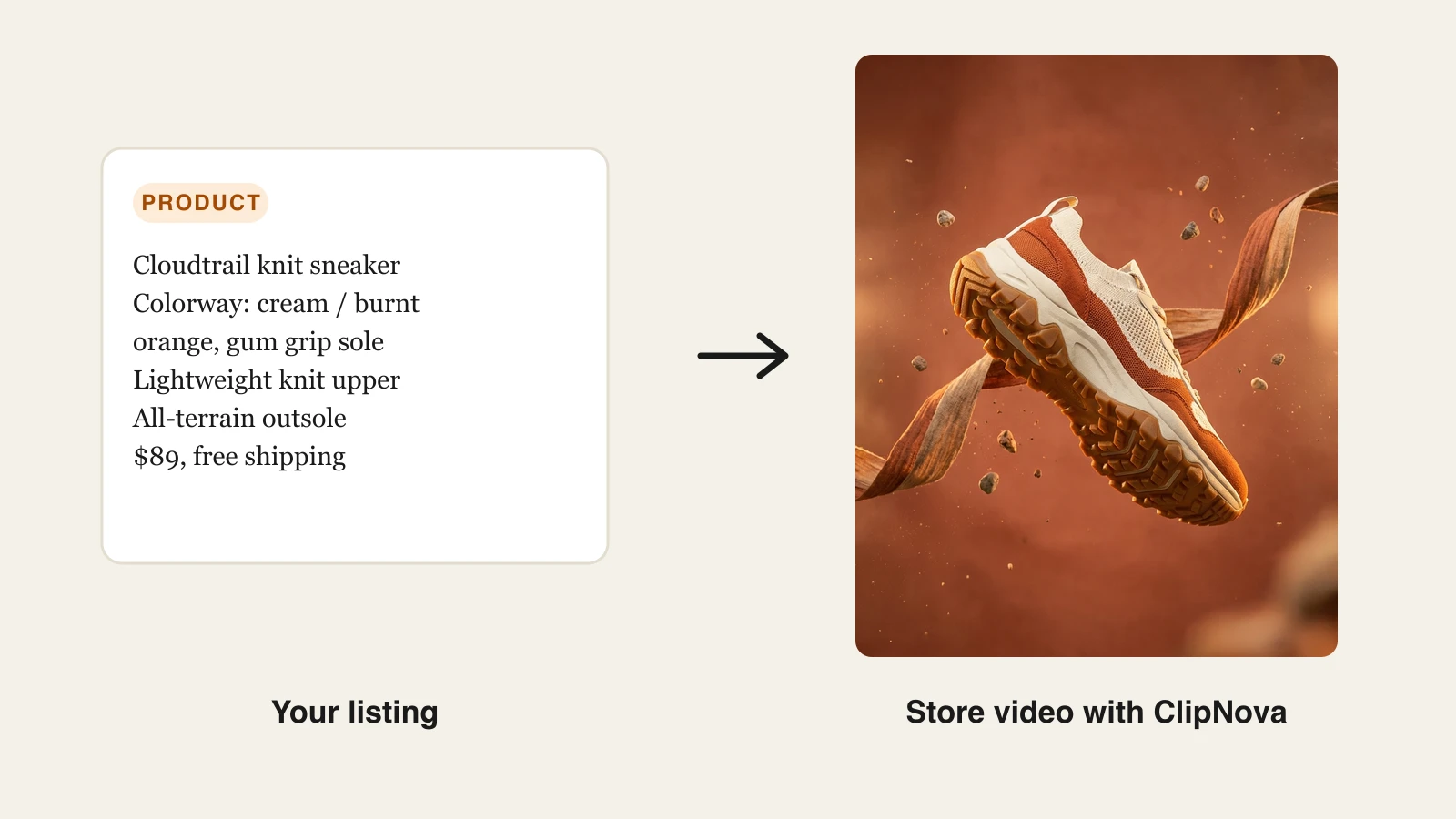 A product listing card for a knit trail sneaker next to the store ad frame ClipNova generated from it