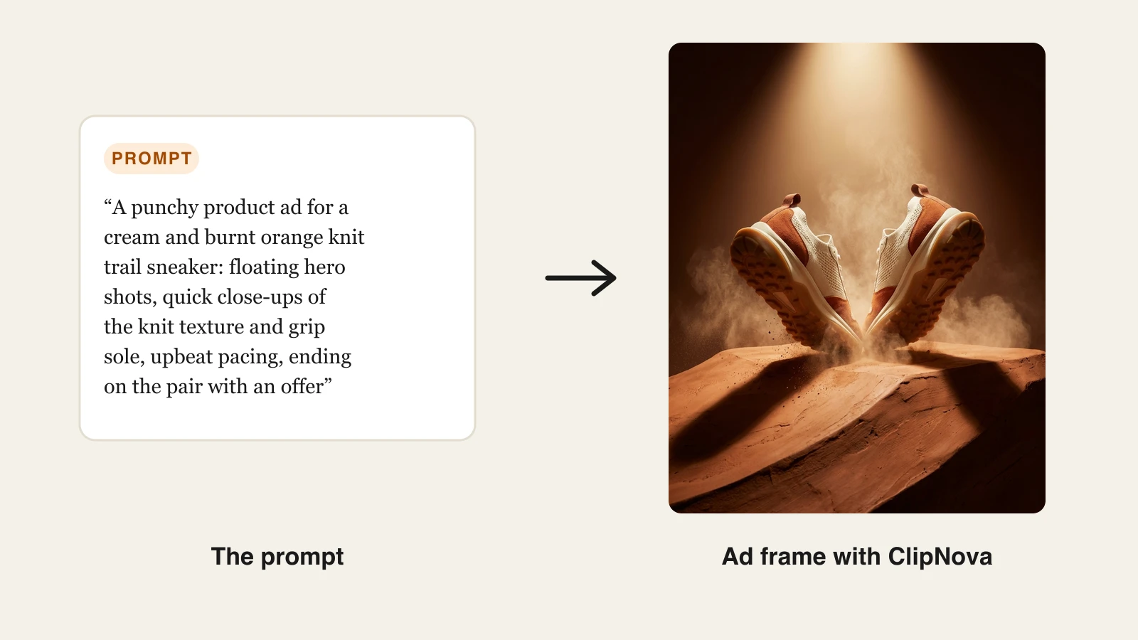 A prompt describing a sneaker product ad next to the finished ad frame ClipNova generated from it