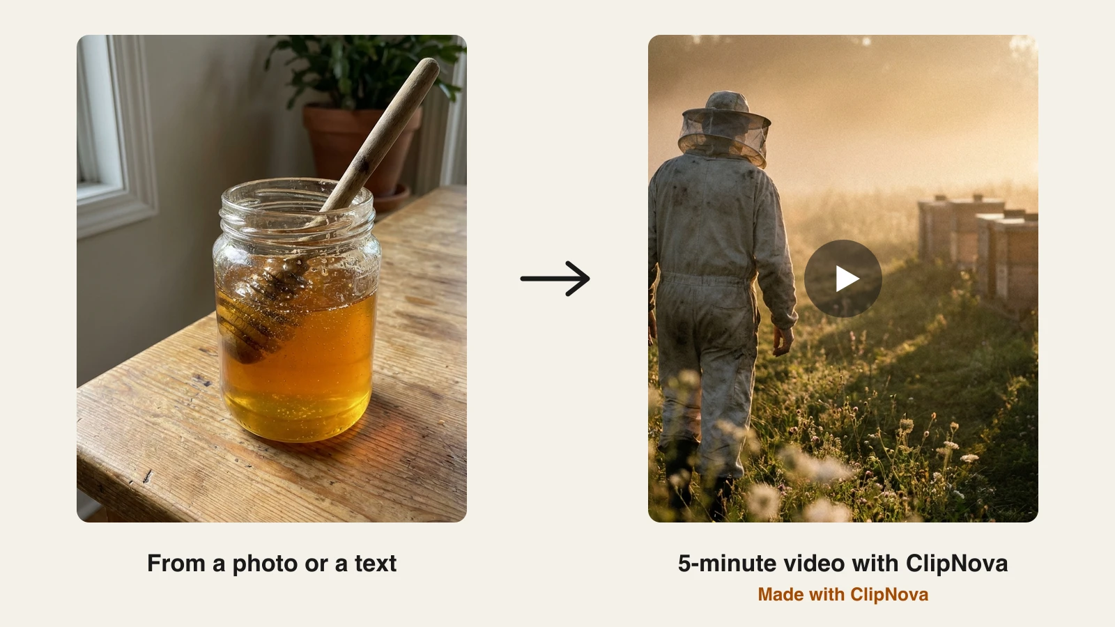 A smartphone photo of a honey jar next to the opening beekeeper scene of the 5-minute documentary ClipNova generated from it