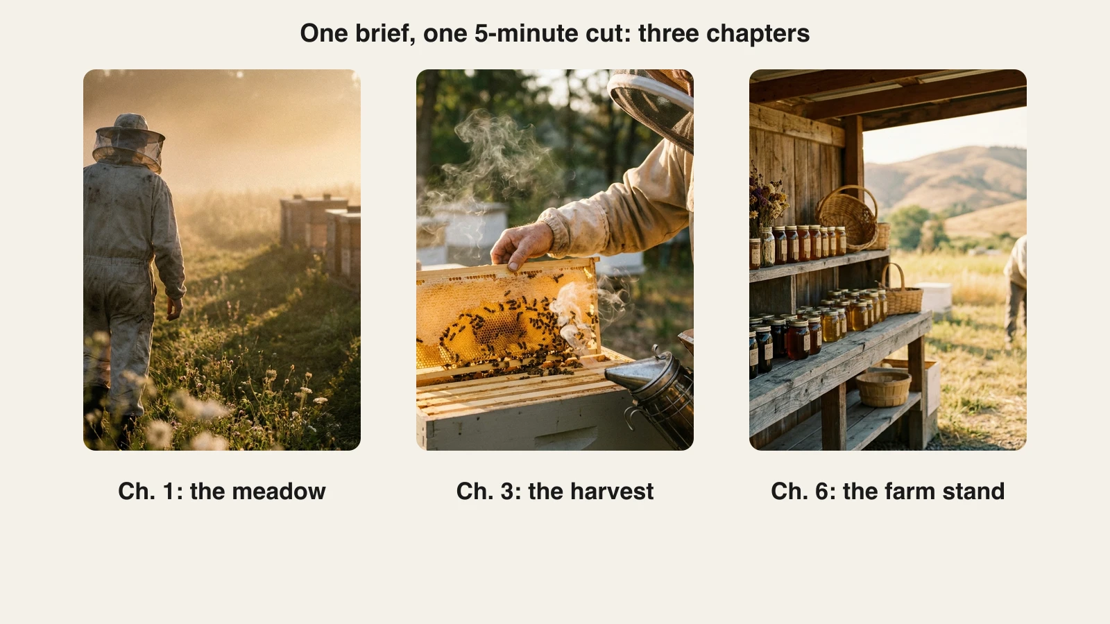 Three frames from the 5-minute honey documentary ClipNova generated: a beekeeper in a misty meadow, a honeycomb frame lifted from a hive, and jars on a roadside farm stand