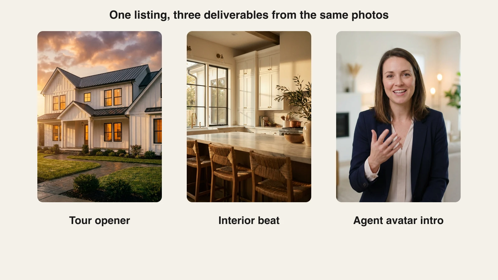 Three video frames from one listing: a golden hour exterior tour opener, a warm kitchen interior beat, and a real estate agent avatar intro