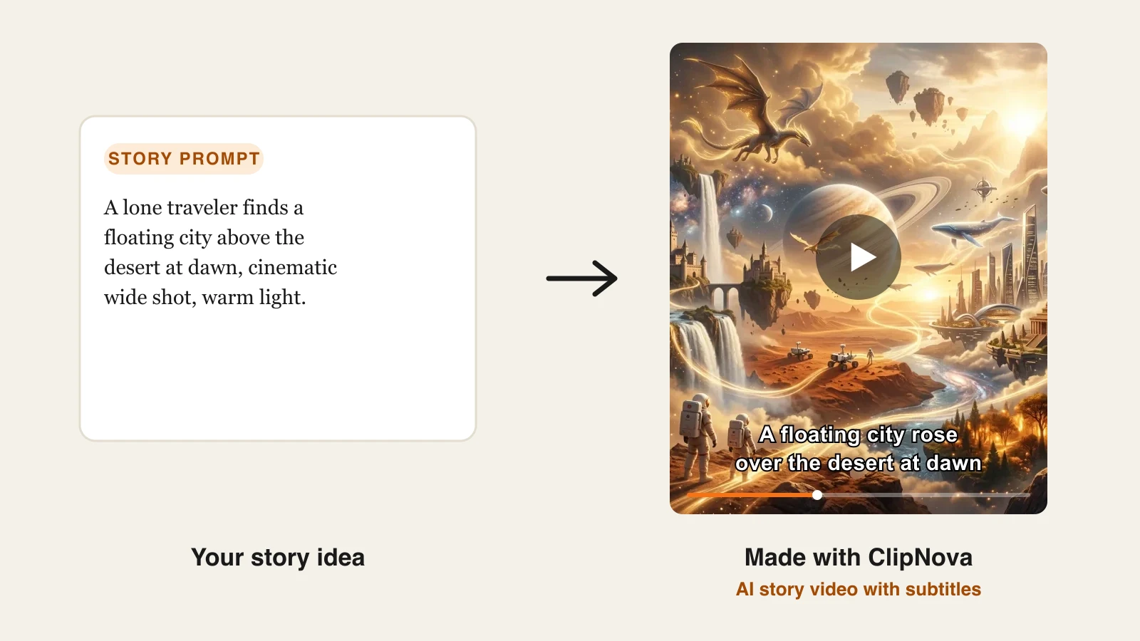 A story prompt turned into a cinematic AI story video with subtitles made with ClipNova