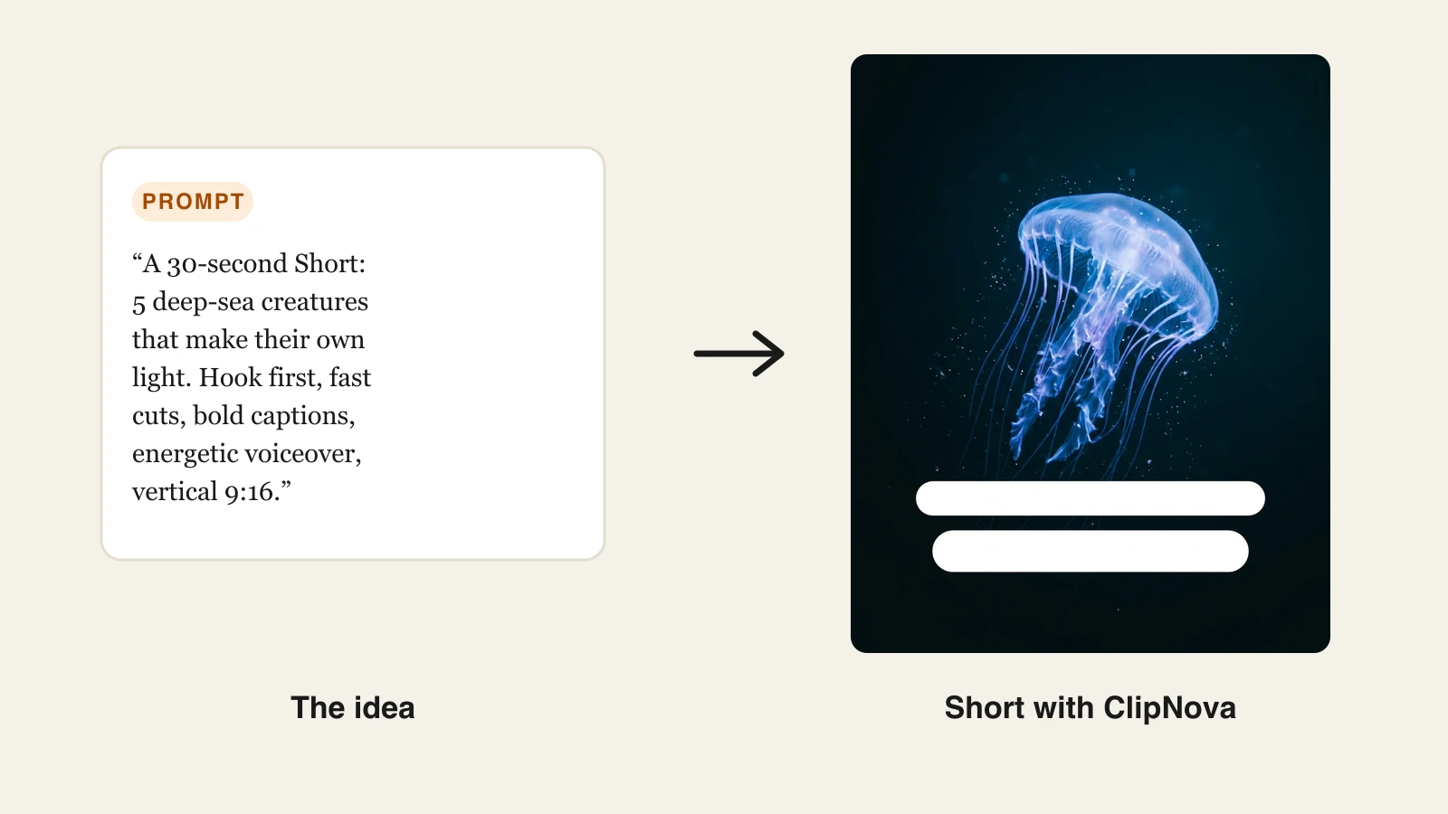 A one-line Shorts idea on a prompt card next to the vertical deep-sea Short frame ClipNova generated from it, with bold blank caption bars