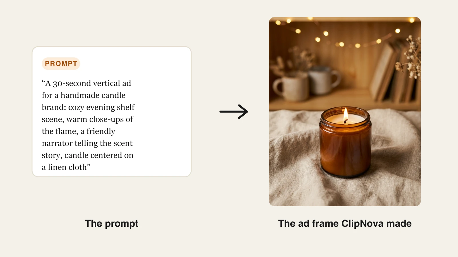 A text prompt for a handmade candle ad next to the finished ad frame ClipNova generated from it