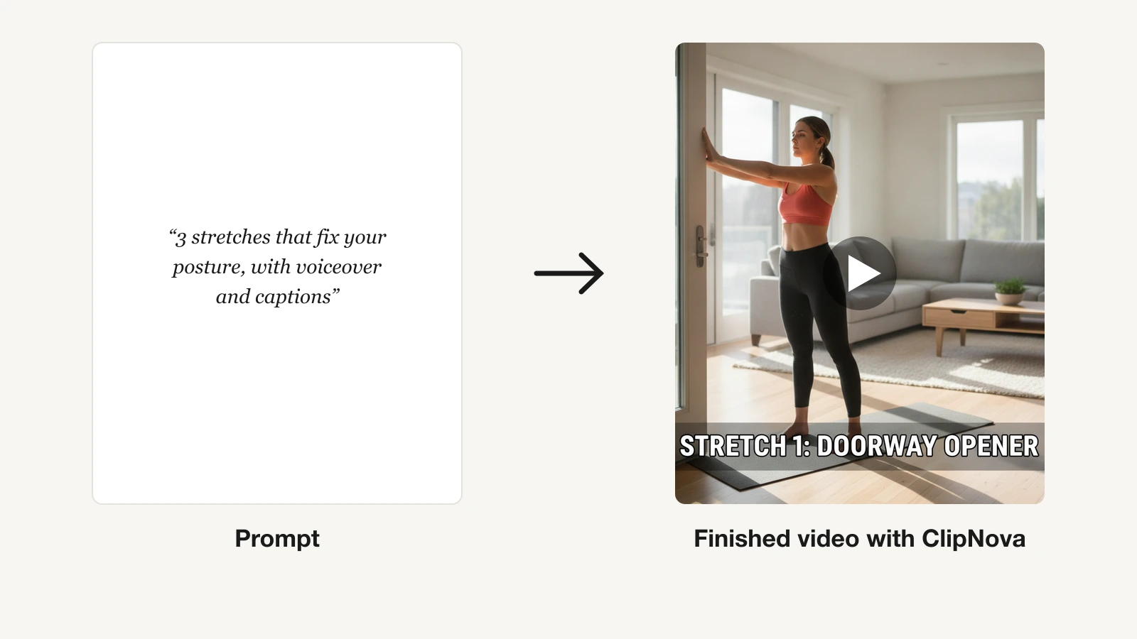 A text prompt next to the finished captioned fitness video frame ClipNova generated from it