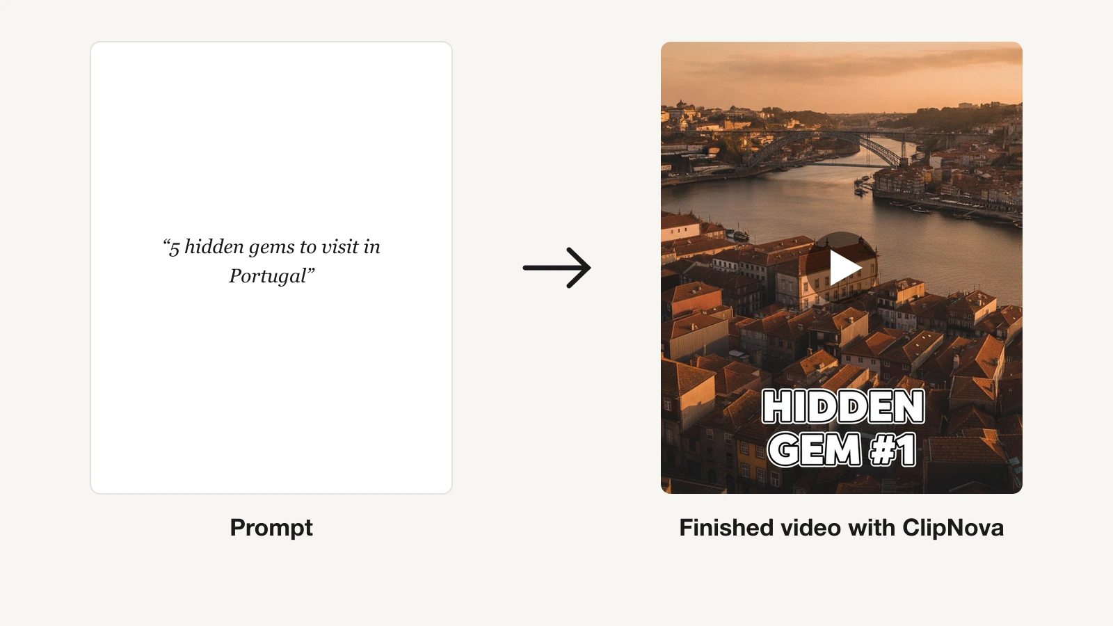 A text prompt next to the finished captioned travel video frame generated with ClipNova