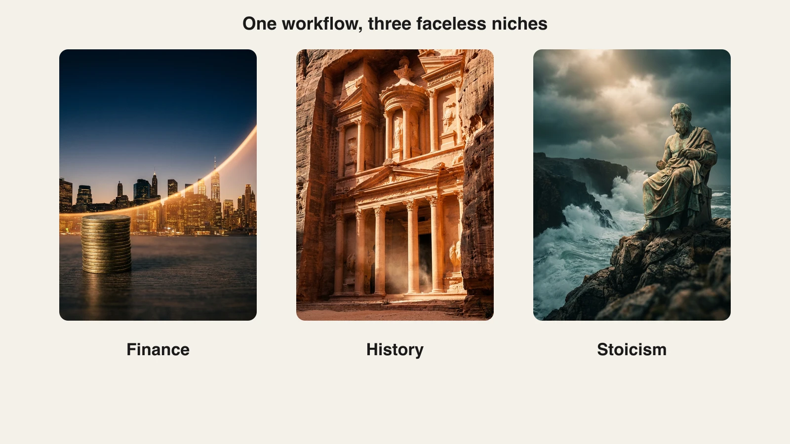 Three faceless Short frames generated with ClipNova for three niches, a personal finance chart scene, a lost ancient city, and a stormy Stoic coastline