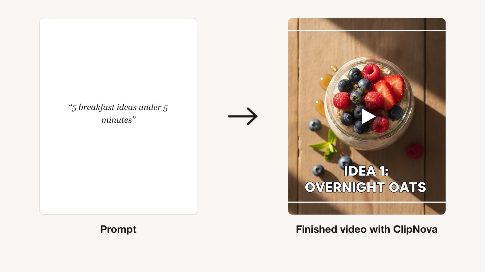 A text prompt next to the finished captioned breakfast video frame generated free with ClipNova