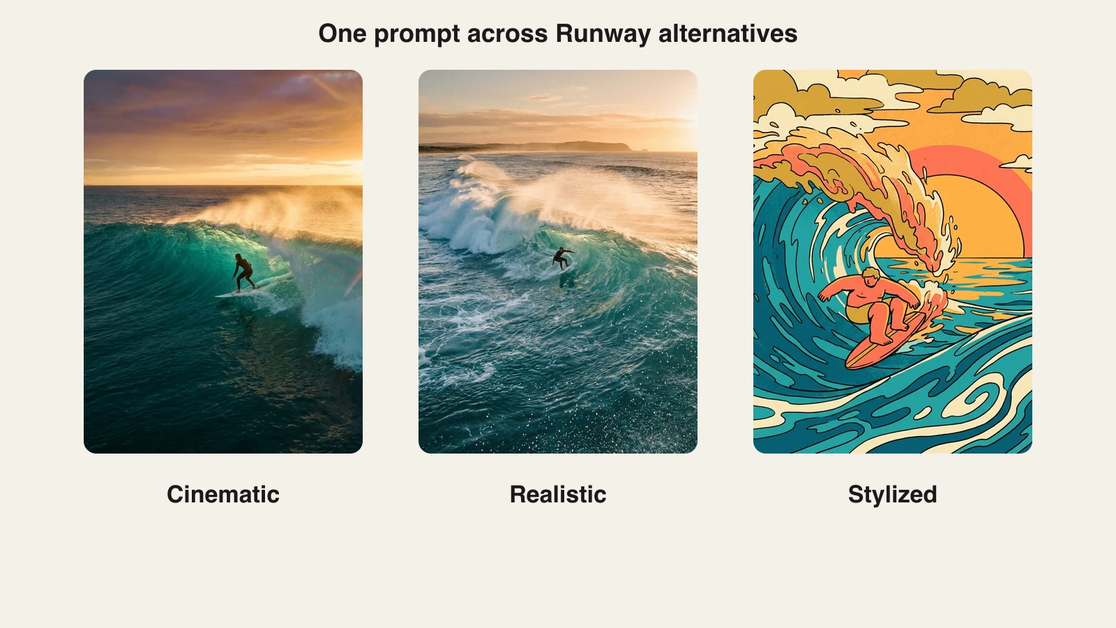 The same surfer prompt rendered in cinematic, realistic, and stylized looks, showing the range you get from Runway alternatives
