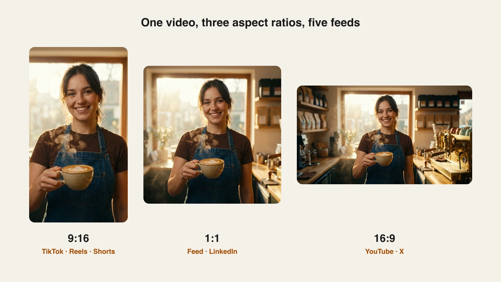 One coffee-shop video reframed to 9:16 for TikTok, Reels and Shorts, 1:1 for the feed and LinkedIn, and 16:9 for YouTube