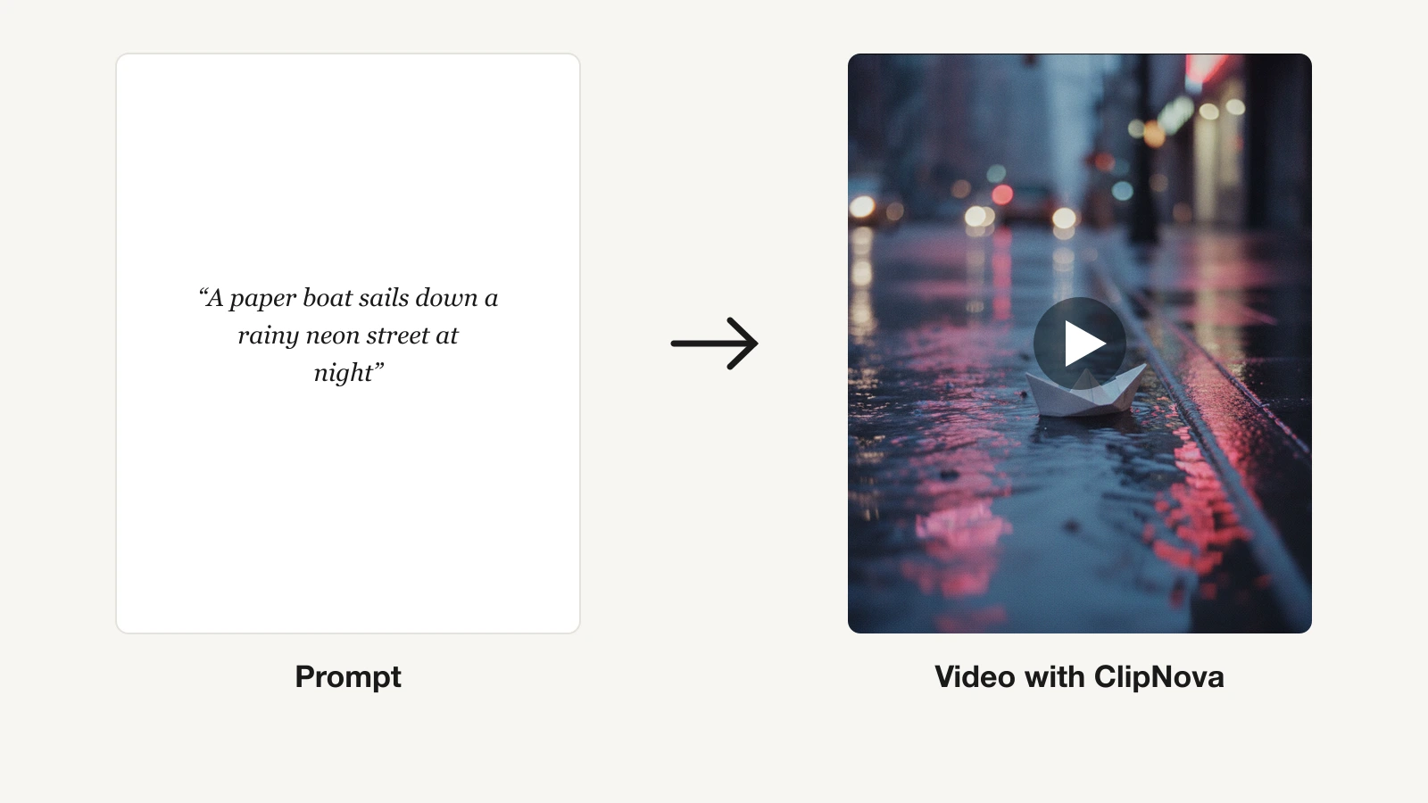 A text prompt next to the cinematic paper boat video frame generated with ClipNova
