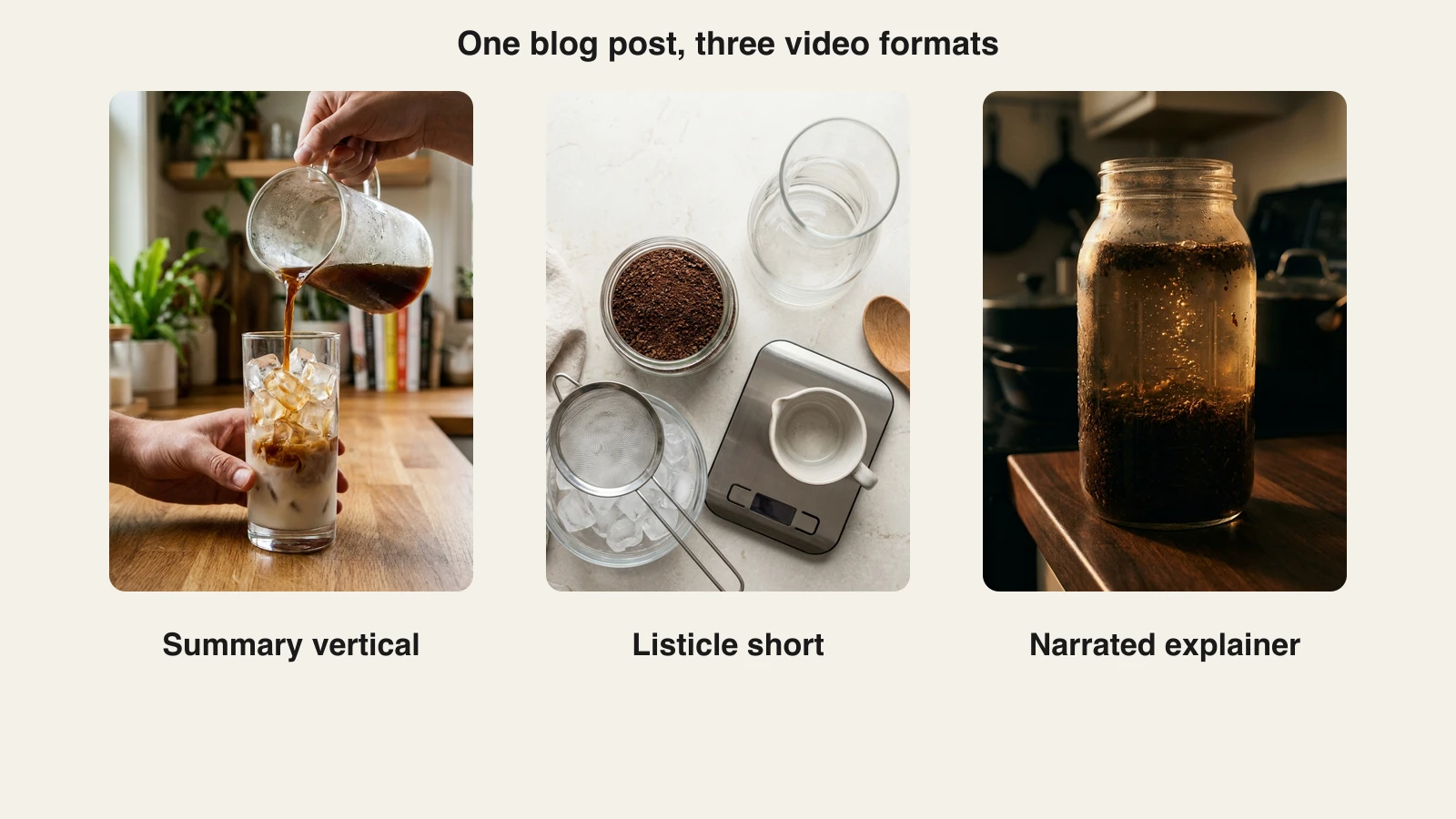 The same cold brew blog post as three video formats: a summary vertical, a listicle short, and a narrated explainer