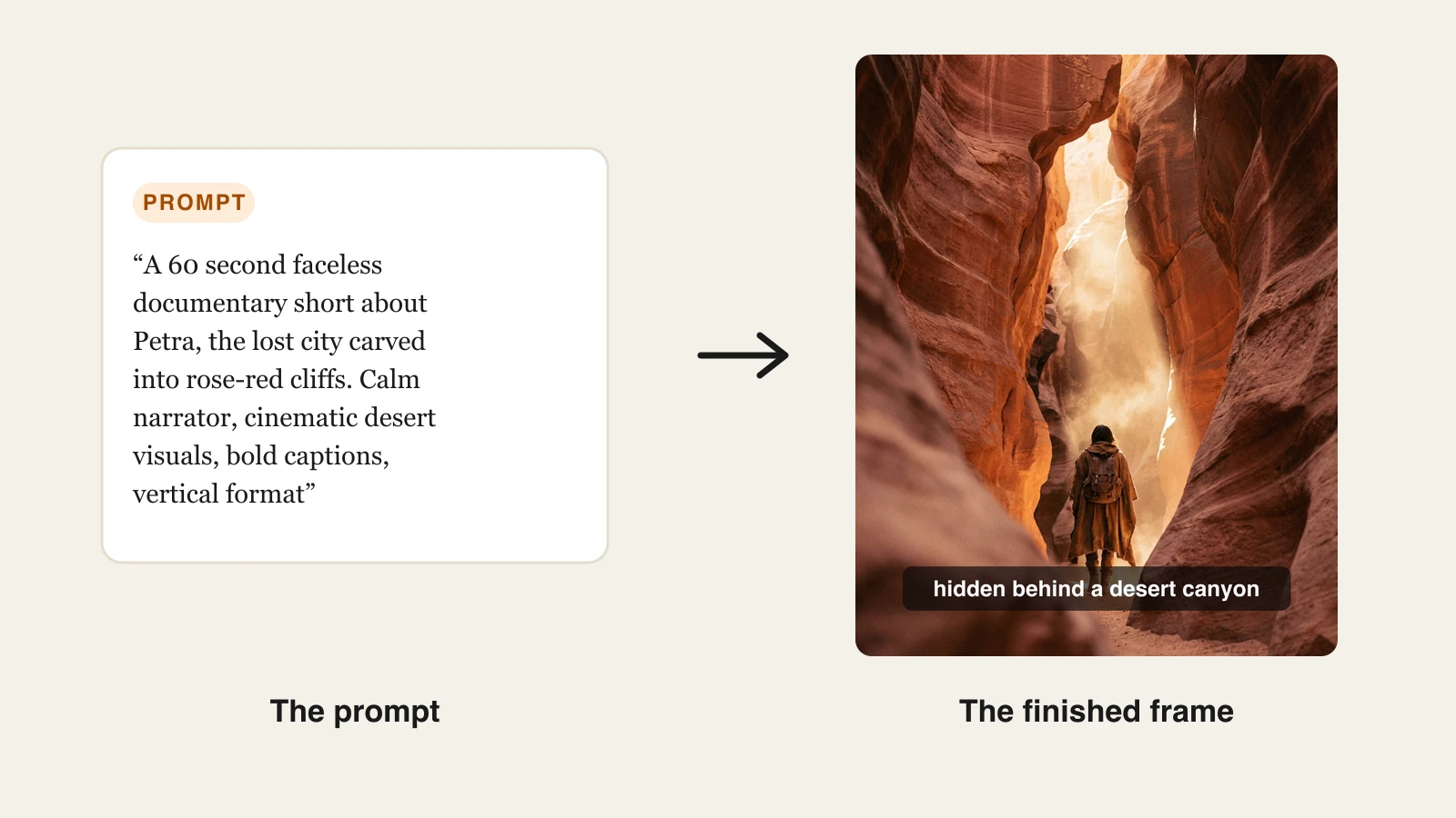 A text prompt for a Petra documentary short next to the captioned canyon video frame ClipNova generated from it