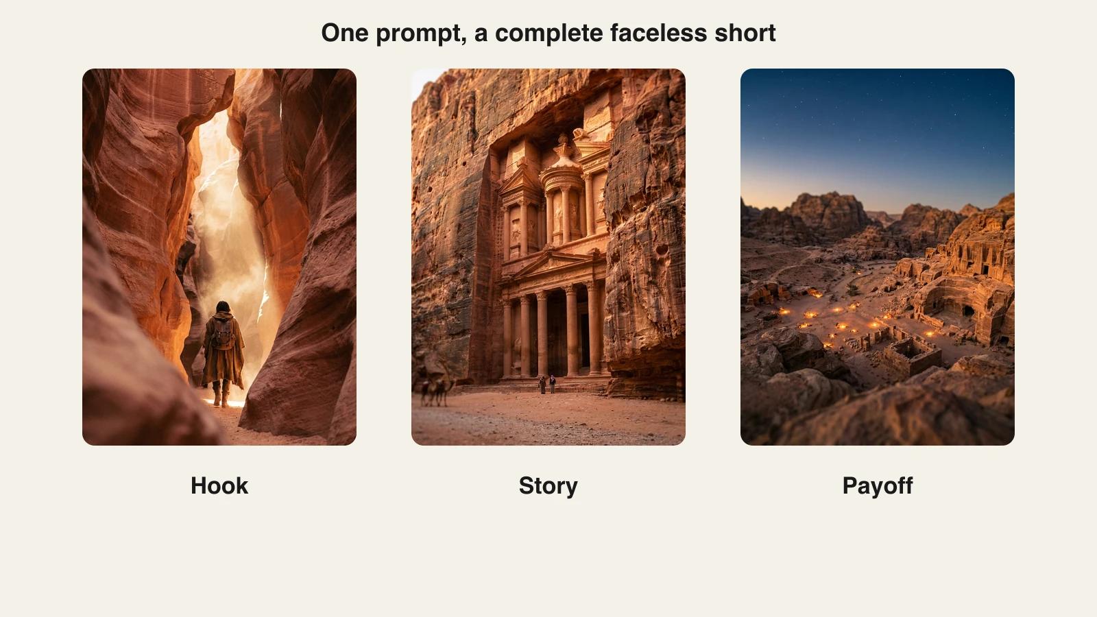 Three scenes from the same Petra prompt, the canyon hook, the carved facade story beat, and the dusk aerial payoff