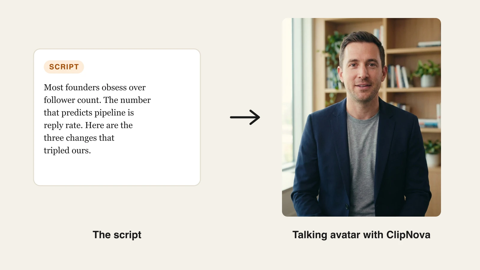 A short thought leadership script next to the talking avatar video frame ClipNova generated from it