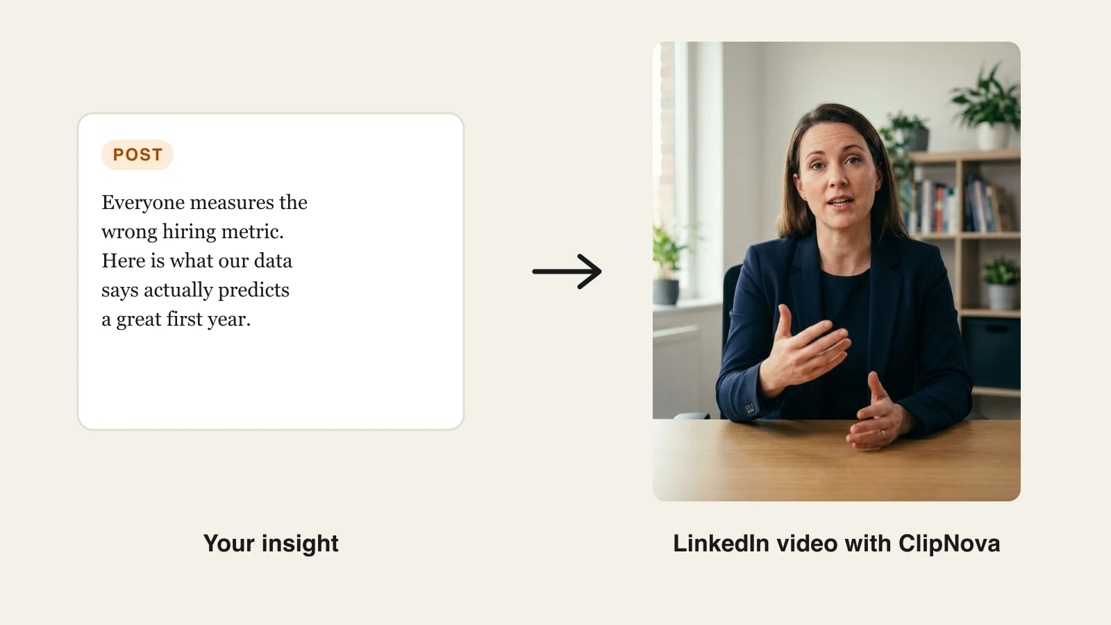 A written insight on a post card next to the professional talking head video frame ClipNova turns it into for LinkedIn