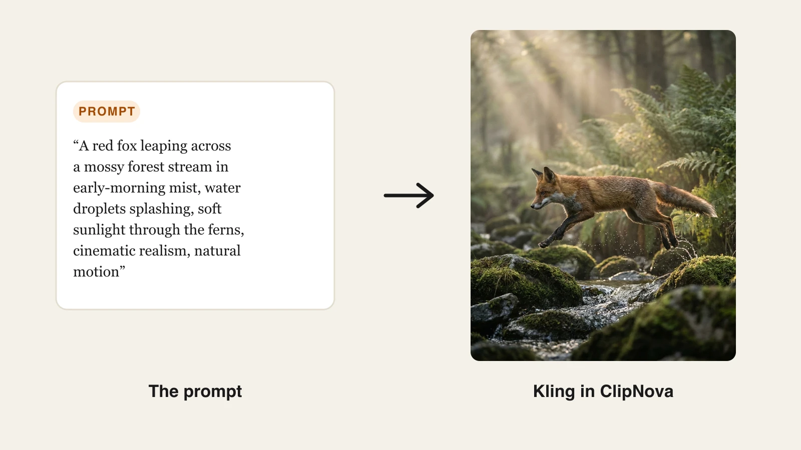 A text prompt about a fox leaping over a forest stream next to the photoreal video frame generated with Kling in ClipNova