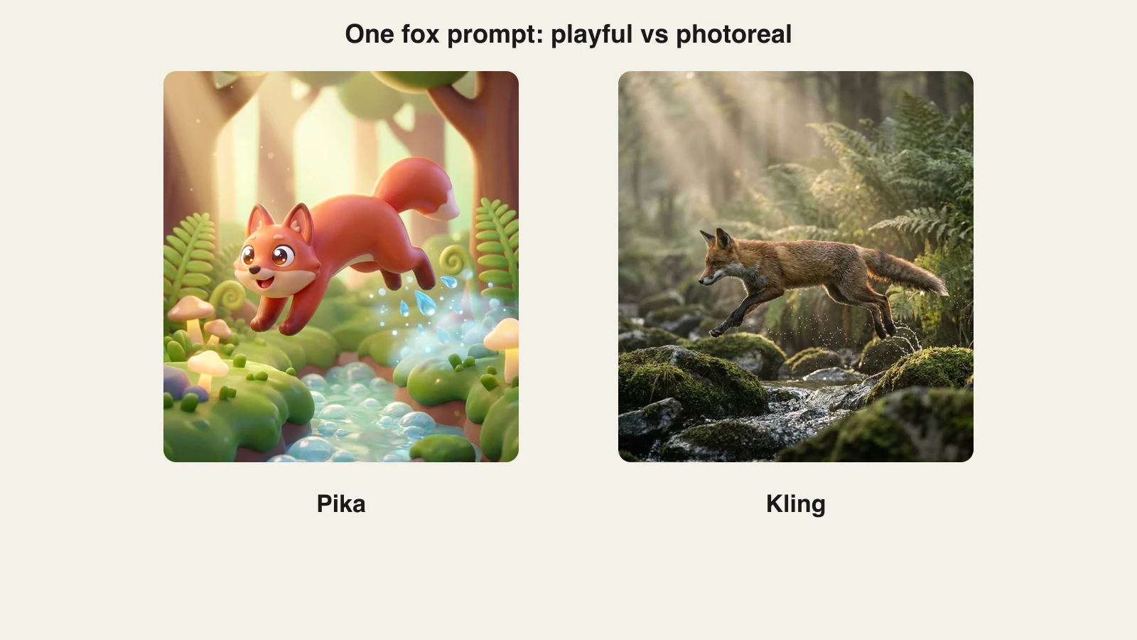 A fox leaping over a forest stream prompt rendered in Pika's playful stylized look and Kling's photoreal cinematic look side by side