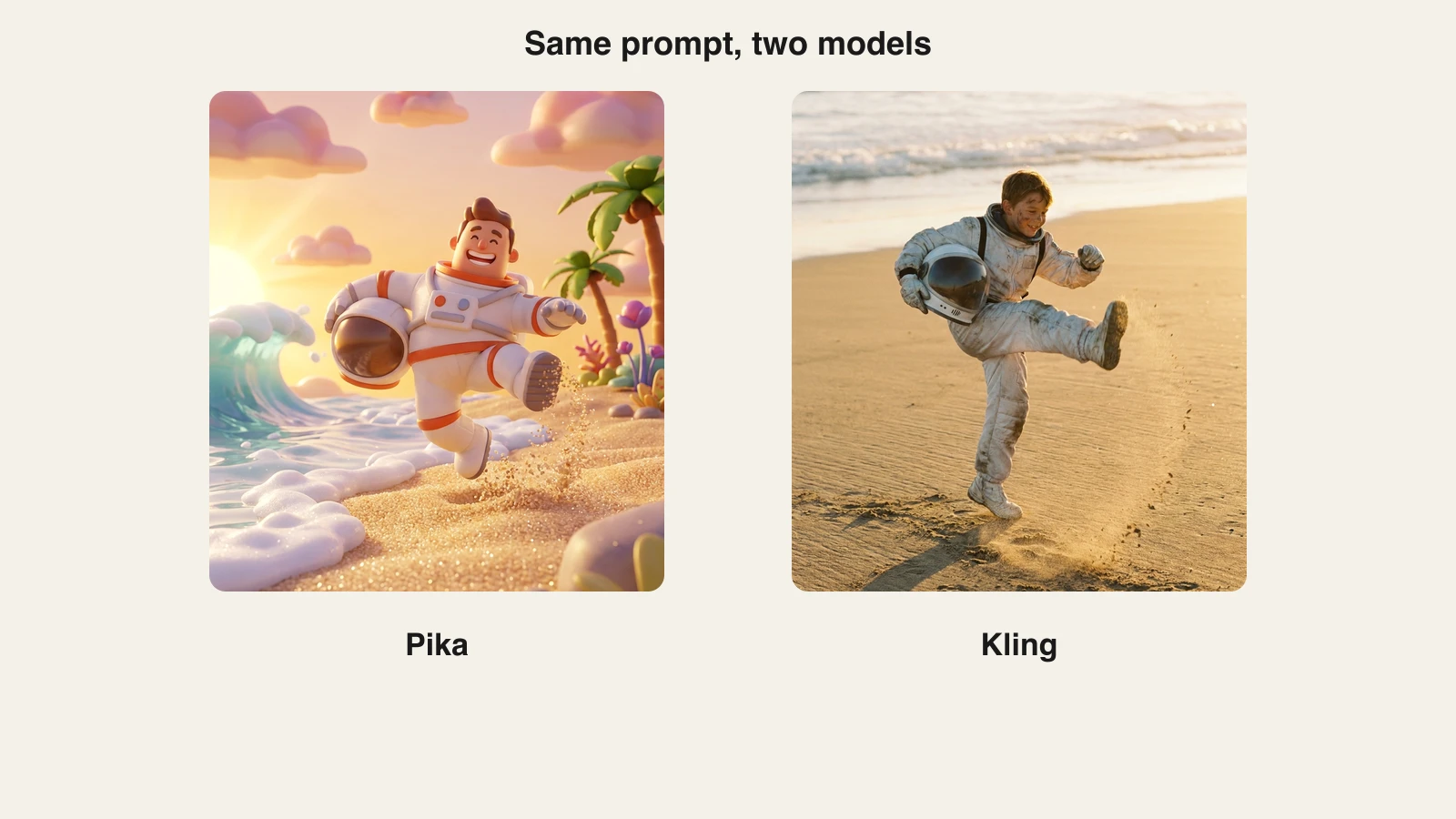 The same astronaut-on-a-beach prompt rendered twice, a playful stylized Pika-style panel next to a photorealistic Kling-style panel